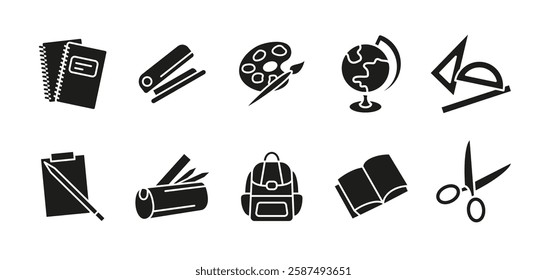 School icon set black. Education and study vector illustration. Includes notebook, book, pencil, backpack, scissors, ruler, globe, paint palette and classroom supplies glyph silhouette.