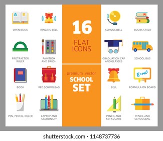 School icon set. Book, bell, laptop, bag, graduation cap. Studying concept. Can be used for topics like education, scholarship, learning