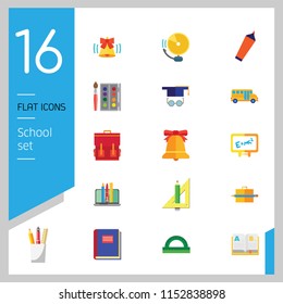 School icon set. Book, bell, laptop, bag, graduation cap. Studying concept. Can be used for topics like education, scholarship, learning