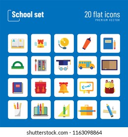 School icon set. Book, bell, laptop, bag, graduation cap. Studying concept. Can be used for topics like education, scholarship, learning