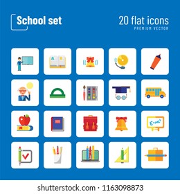School icon set. Book, bell, laptop, bag, graduation cap. Studying concept. Can be used for topics like education, scholarship, learning