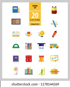 School icon set. Book, bell, laptop, bag, graduation cap. Studying concept. Can be used for topics like education, scholarship, learning