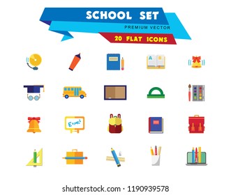School icon set. Book, bell, laptop, bag, graduation cap. Studying concept. Can be used for topics like education, scholarship, learning