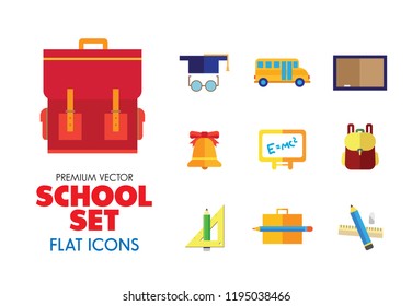School icon set. Book, bell, laptop, bag, graduation cap. Studying concept. Can be used for topics like education, scholarship, learning