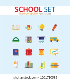 School icon set. Book, bell, laptop, bag, graduation cap. Studying concept. Can be used for topics like education, scholarship, learning