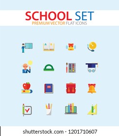 School icon set. Book, bell, laptop, bag, graduation cap. Studying concept. Can be used for topics like education, scholarship, learning