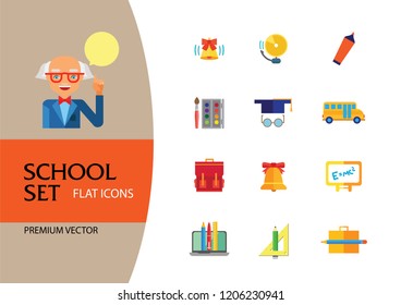School icon set. Book, bell, laptop, bag, graduation cap. Studying concept. Can be used for topics like education, scholarship, learning