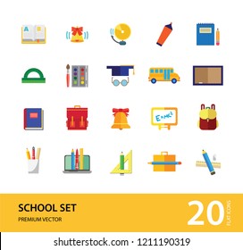 School icon set. Book, bell, laptop, bag, graduation cap. Studying concept. Can be used for topics like education, scholarship, learning