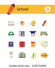 School icon set. Book, bell, laptop, bag, graduation cap. Studying concept. Can be used for topics like education, scholarship, learning