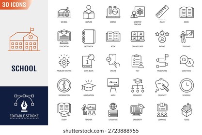 Conjunto de iconos de la escuela. Libro, lápiz, graduación, profesor, estudiante, clase, aprendizaje, examen y conocimiento. Trazo editable. Ilustración vectorial