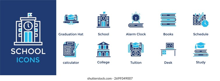 school icon set. with icon Books, Schedule, education, Desk, Study