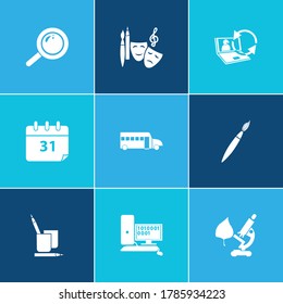 School icon set and calendar with art, paint brush and magnifying glass. Programming related school icon vector for web UI logo design.