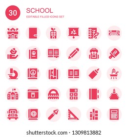 school icon set. Collection of 30 filled school icons included School, Notebook, Building, Presentation, Notepad, Child, Book, Pencil, Backpack, Microscope, Magazine, Glue, Elearning