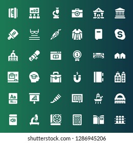 school icon set. Collection of 36 filled school icons included Grandstand, Book, Calculator, Microscope, Ruler, Easel, Paint tube, Presentation, Vocabulary, Building, Notebook