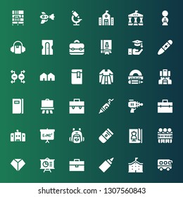 school icon set. Collection of 36 filled school icons included Bus, School, Glue, Briefcase, Presentation, Sharpen, Demonstration, Magazine, Eraser, Backpack, Blackboard, Blaster