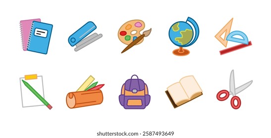 School icon set colored. Education and study vector cartoon illustration. Includes notebook, book, pencil, backpack, scissors, ruler, globe, paint palette and classroom supplies colorful.