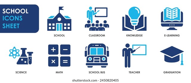 School icon set. Containing classroom, students, various subjects and so on. Education related flat icons.