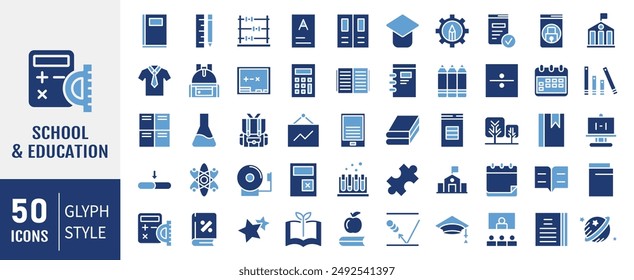 School icon set. Containing classroom, students icons. Education and knowledge symbol. Solid icons vector collection.