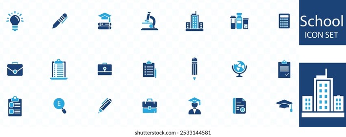 School icon set. Containing classroom, students and teacher icons. Education and knowledge symbol. Solid icons vector collection