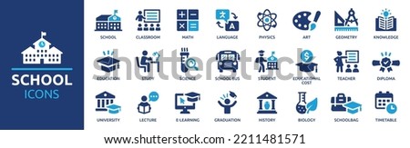 School icon set. Containing classroom, students and teacher icons. Education and knowledge symbol. Solid icons vector collection.