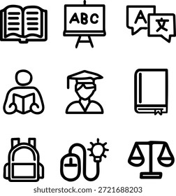 Symbolsatz für die Schule. Enthaltend Bildung, Lernen, Lehrer, Buch, E-Learning, Graduierung, Schulfächer, Klassenzimmer, Studenten und mehr. Bearbeitbare Liniensymbole. Vektorgrafik.