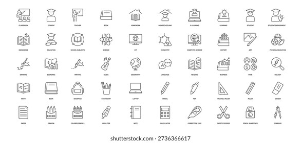 School Icon Set containing school subjects and school supplies. Classroom, student, teacher, book, homework, homeschooling, science, computer science, history, business education, vector icons