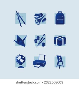 School icon set design. Compasses, stapler, scissors, eraser, origami, paints, palette, brushes, gift, souvenir, globe, printer, etc.