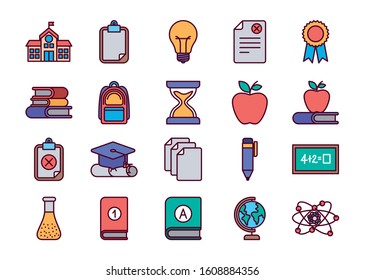 School icon set design, Eduaction class lesson knowledge preschooler study learning classroom and primary theme Vector illustration