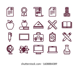 School Icon Set Design, Eduaction Class Lesson Knowledge Preschooler Study Learning Classroom And Primary Theme Vector Illustration