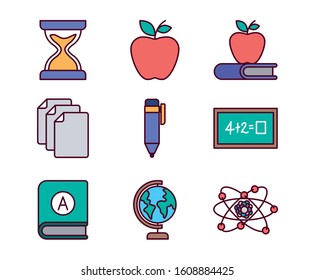 School icon set design, Eduaction class lesson knowledge preschooler study learning classroom and primary theme Vector illustration