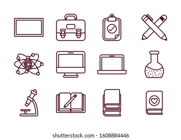 School icon set design, Eduaction class lesson knowledge preschooler study learning classroom and primary theme Vector illustration