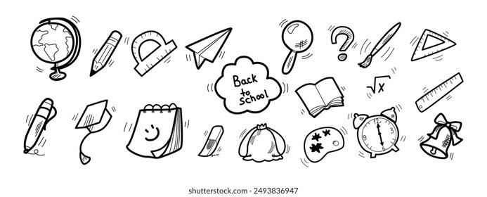 School icon set in doodle style. Contains such icon as paper plane, magnifier, ruler,  clock, brush, pen, pencil, etc. Creative objects. Vector illustration