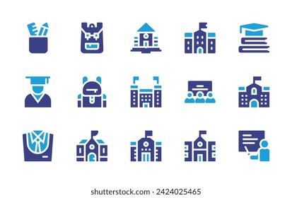 School icon set. Duotone color. Vector illustration. Containing stationery, education, graduation, school, university, uniform, teacher, classroom, school bag.