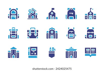 School icon set. Duotone color. Vector illustration. Containing kindergarten, school, school materials, backpack, algebra, open book.