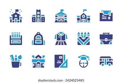 School icon set. Duotone color. Vector illustration. Containing pencil case, driving, school, uniform, university, college, stationery, backpack, briefcase, bus, public school, crayons.