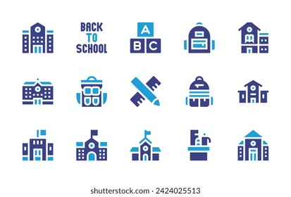School icon set. Duotone color. Vector illustration. Containing alphabet, supplies, school, bag, material, back to school, high school.