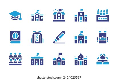 School icon set. Duotone color. Vector illustration. Containing college, student, mortarboard, school, book, class, marker, crayons, backpack.