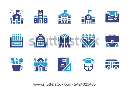School icon set. Duotone color. Vector illustration. Containing pencil case, driving, school, uniform, university, college, stationery, backpack, briefcase, bus, public school, crayons.