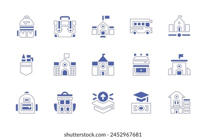 School icon set. Duotone style line stroke and bold. Vector illustration. Containing school, campus, materials, education, school bag, bus, backpack.