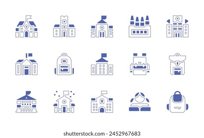 School icon set. Duotone style line stroke and bold. Vector illustration. Containing school bag, student, school, university, high school, crayons, backpack.