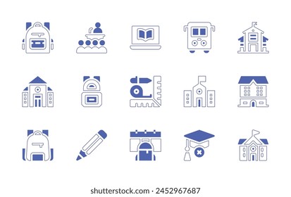 School icon set. Duotone style line stroke and bold. Vector illustration. Containing online learning, no study, conference, pencil, school, bag, bus, back to school, backpack.