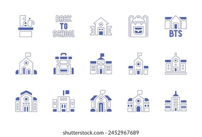School icon set. Duotone style line stroke and bold. Vector illustration. Containing school, kindergarten, back to school, school material, backpack.