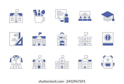 School icon set. Duotone style line stroke and bold. Vector illustration. Containing school, pencil case, university, school bag, teacher, classroom, mortarboard, uniform, book, stationery.