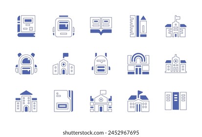 School icon set. Duotone style line stroke and bold. Vector illustration. Containing school, school material, backpack, lockers, algebra, open book, college, folder, kindergarden.