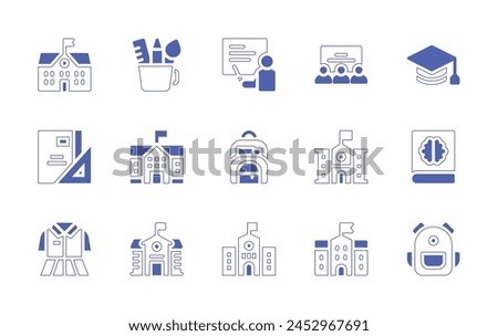 School icon set. Duotone style line stroke and bold. Vector illustration. Containing school, pencil case, university, school bag, teacher, classroom, mortarboard, uniform, book, stationery.