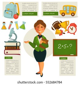 School icon set. Education and science symbols: teacher, apple and student bag, microscope, bus and bell, rugby ball, book. Vector illustration isolated on white. Cartoon design elements