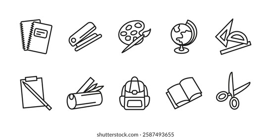 School icon set. Education and study vector illustration. Includes notebook, book, pencil, backpack, scissors, ruler, globe, paint palette and classroom supplies.