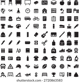 School icon set for education and study stationery black silhouette symbols on white background isolated