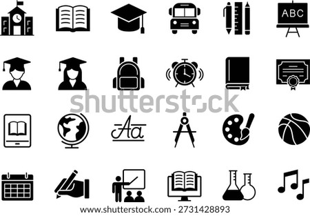 School icon set. Education and school subject symbol. Containing back to school, knowledge, student, diploma, graduation, bus, e-learning, science, schedule, bag and more. Vector illustration.