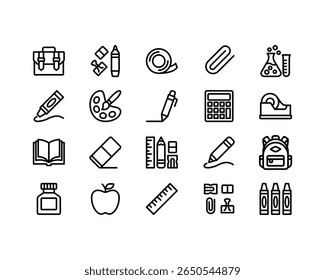 Conjunto de ícones da escola. Ícones de vetor de educação. Contém universidade, aprendizagem online, livros, graduação e elementos acadêmicos em estilo de estrutura de tópicos.